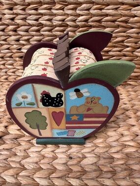 Vintage 90’s Country Apple Wooden Cork Coaster Set Folk Art Americana